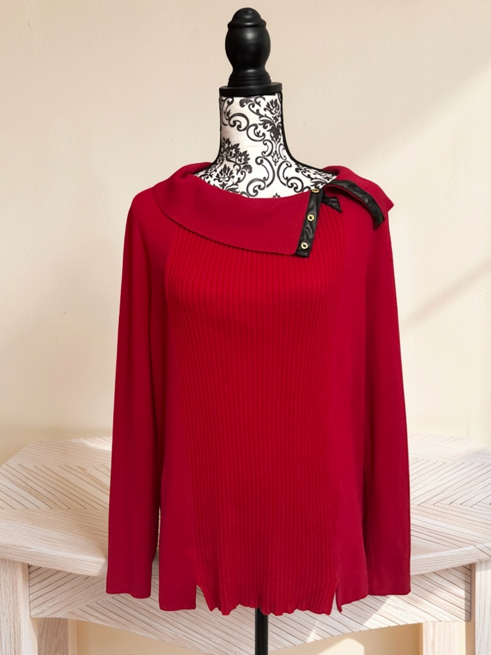 Rafaella Red Ribbed Cowl Neck Sweater with Faux Leather Accent Trim